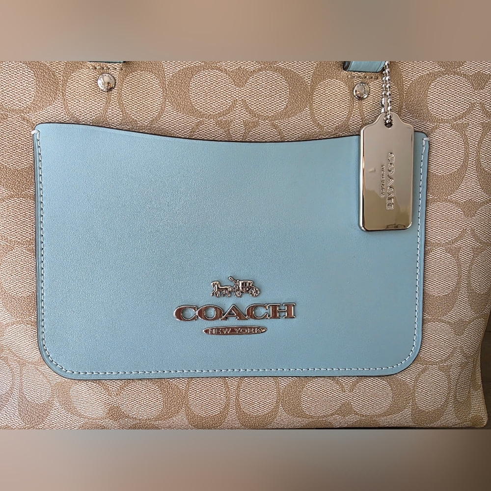 Coach Emma Satchel Crossbody Signature Coated Canvas Light Blue Leather Accents - Picture 11 of 15